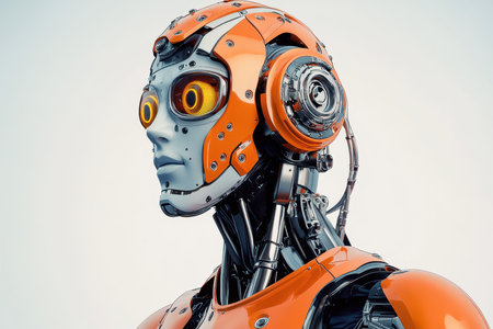 A detailed robot with an orange metallic design and glowing eyes showcases advanced technology.の写真素材