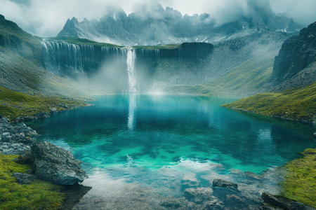 A breathtaking waterfall pours into a vibrant turquoise lake, framed by misty mountains and lush greenery.の写真素材