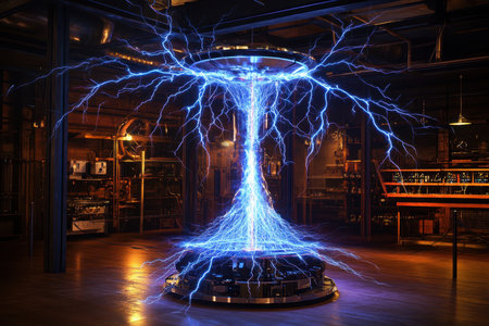 An exhibit showcases vibrant blue electrical arcs emitted from a circular device in a vintage laboratory setting.の写真素材