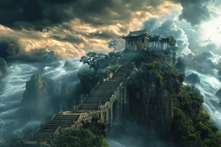 A magnificent temple rises on a steep mountain, enveloped by thick clouds and mist during twilight hours.の写真素材