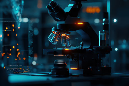 A high-tech microscope is illuminated in a dark laboratory, surrounded by glowing screens and equipment.の写真素材