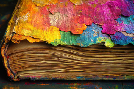 A vintage book showcases a beautifully textured cover with vibrant colors and intricate patterns, reflecting artistry.の写真素材