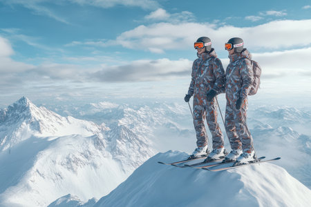 Two skiers stand atop a snowy peak, gazing at the majestic mountain landscape under a blue sky.の写真素材