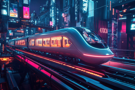 A sleek, modern train travels on elevated tracks amidst a bustling city filled with colorful neon lights.の写真素材