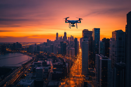 A drone hovers above the Chicago skyline at sunset, showing vibrant colors and city lights reflecting on buildings.の写真素材