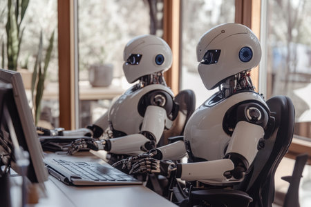 Two humanoid robots are focused on their tasks at sleek desktops in a bright office space.の写真素材