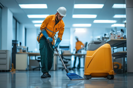 A worker is cleaning the office floor with a scrubber, ensuring a tidy environment. Another worker is visible.の写真素材
