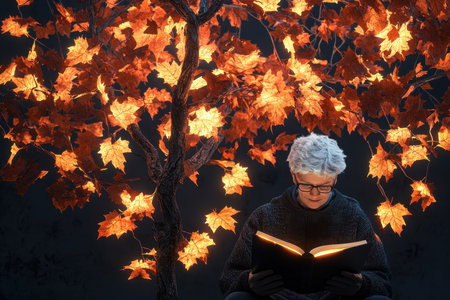 A person with gray hair enjoys reading a book beneath an illuminated tree adorned with vibrant autumn leaves.の写真素材