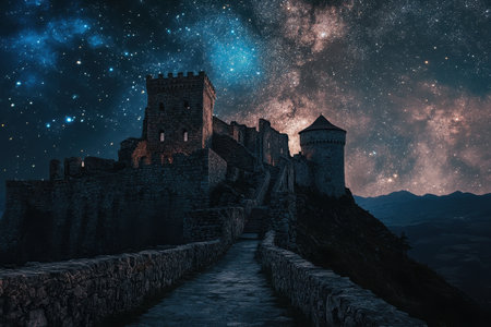 Old castle ruins sit on a hill, surrounded by a stone path and illuminated by a dazzling night sky filled with stars.の写真素材