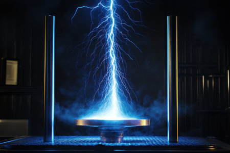 A dramatic display of lightning electricity forming in a lab, illuminating the surroundings with blue light.の写真素材