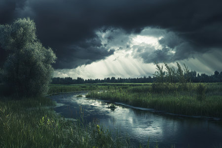 Stormy clouds create an atmospheric setting above a calm river surrounded by lush greenery.の写真素材