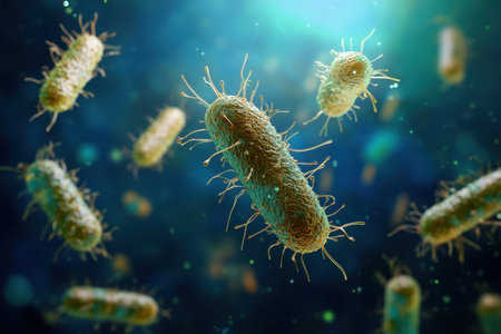 Bacteria float in a fluid environment, displaying their unique shapes and structures under bright light.の写真素材