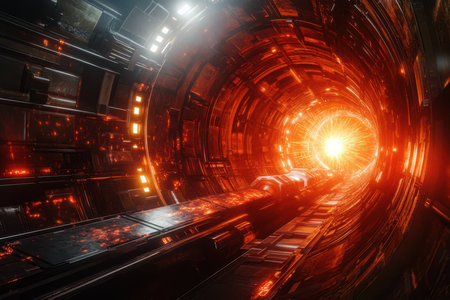 A captivating tunnel features glowing orange light and complex metallic designs, suggesting advanced technology.の写真素材