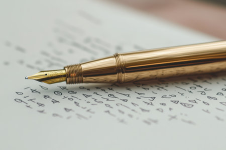A golden fountain pen lies on textured paper with cryptic symbols, hinting at creativity and mystery.の写真素材