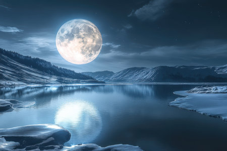 A bright full moon reflects on a calm lake, framed by snow-covered mountains under a starry sky.の写真素材