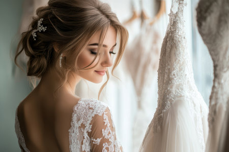 Bride looks serene while examining elegant wedding dresses in boutique's soft light.の写真素材