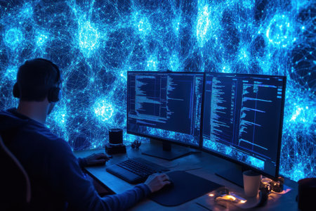 Individual sits at a desk using two monitors, surrounded by a vibrant blue data visualization background.の写真素材
