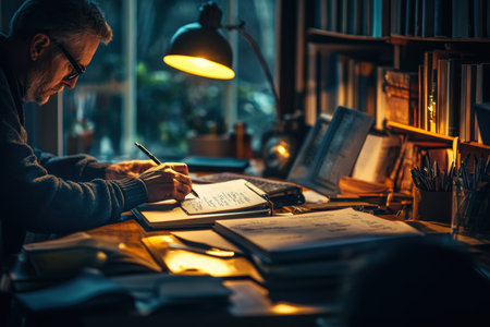 A man is focused on writing notes at his desk, surrounded by books and warm lighting in the evening.の写真素材