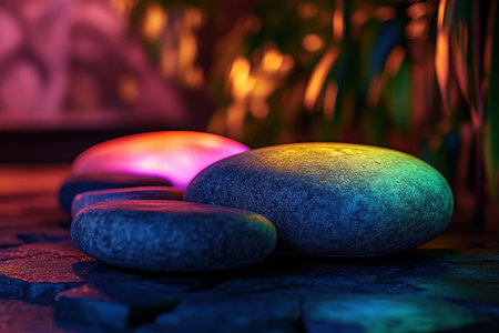 Vibrant stones glow softly under warm lighting, creating a peaceful ambiance in the garden.の写真素材
