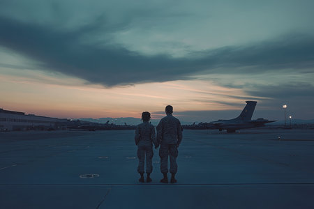 Two soldiers stand together, holding hands, gazing at the sunset over an airfield filled with aircraft.の写真素材