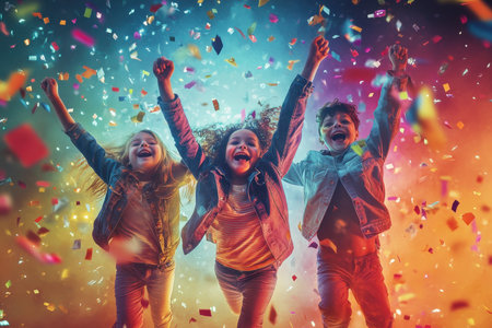 Three children joyfully celebrate, surrounded by colorful confetti in a festive atmosphere.の写真素材