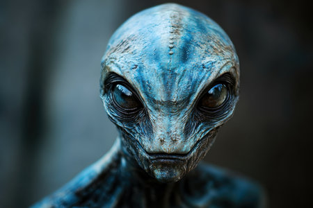 An alien entity with unique skin texture and large eyes gazes thoughtfully at the viewer, evoking curiosity.の写真素材