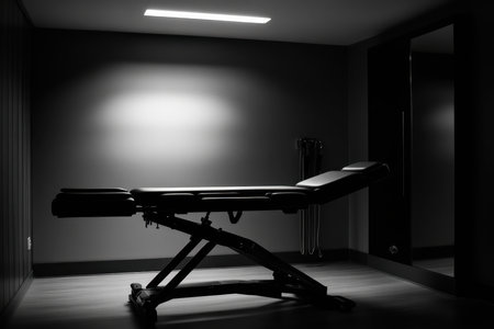 A spacious treatment room features a sleek adjustable table and subtle lighting, perfect for patient assessment.の写真素材
