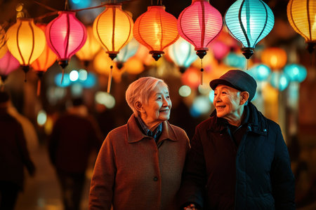 Two elderly friends stroll through a vibrant lantern festival, sharing laughter and joy under glowing lights.の写真素材