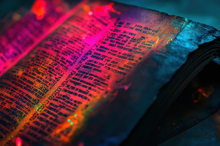 A beautifully aged manuscript remains under colorful lighting, showing intricate text patterns and textures.の写真素材