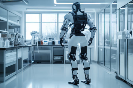 A humanoid robot stands in a modern laboratory, observing various scientific instruments and workstations.の写真素材