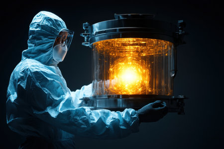 A researcher in a protective suit carefully handles a glowing fusion energy container in a lab.の写真素材