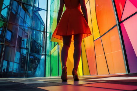 A young woman in bright attitude stands in front of stunning rainbow glass walls, showcasing urban art.の写真素材