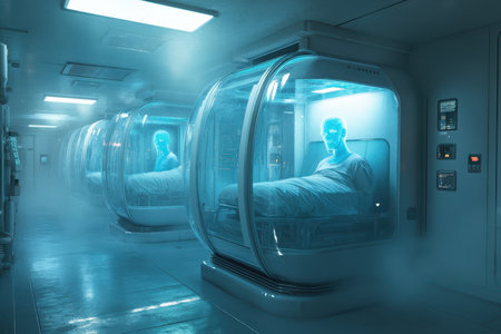 Inside a modern medical facility, several patients rest in cryogenic capsules glowing softly in blue light.の写真素材