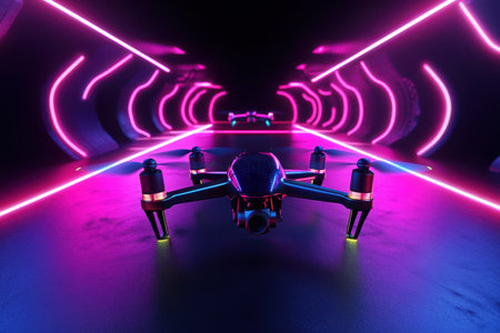 Drones stood poised in a vibrant corridor illuminated by neon lights, showcasing modern technology.の写真素材