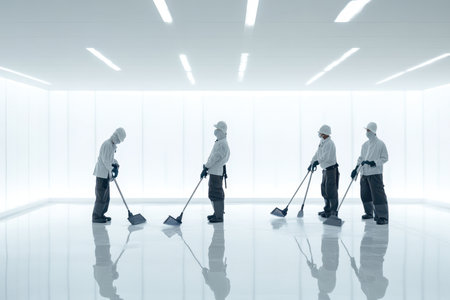 Four individuals in protective suits and masks clean a sleek, brightly lit space.の写真素材