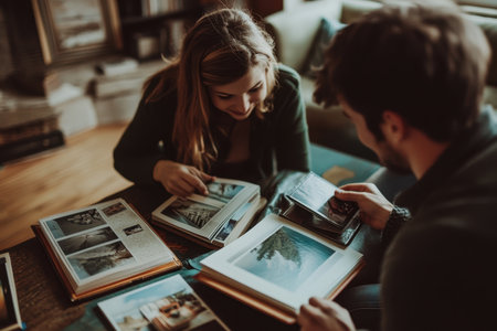 Two people are enjoying time together, sharing memories while flipping through various photo albums inside their home.の写真素材