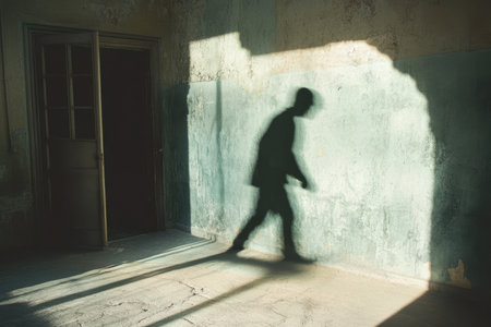 A silhouette of an individual moves quietly across the floor in an abandoned room with worn walls.の写真素材
