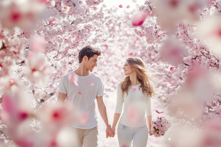 A couple walks hand in hand through a blooming cherry blossom garden, surrounded by pink petals drifting down.の写真素材