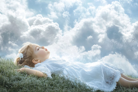 A young child lies peacefully on lush green grass, gazing thoughtfully at the fluffy clouds above.の写真素材