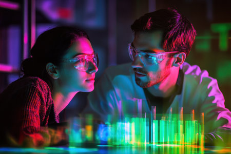 Two young scientists focus on their experiment, surrounded by bright, fluorescent liquids in test tubes.の写真素材