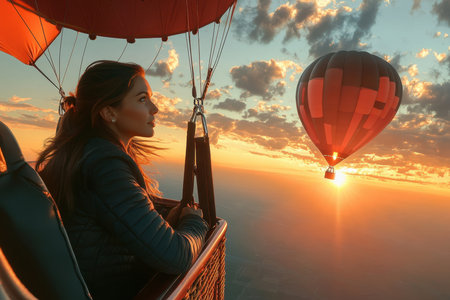 A woman gazes out from a hot air balloon during a breathtaking sunset over the horizon, appreciating nature's beauty.の写真素材