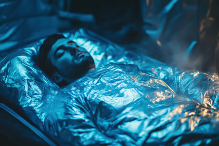 A man is resting peacefully in a reflective silver sleeping bag, surrounded by a cool, blue ambiance.の写真素材