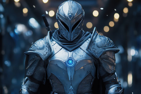 A warrior clad in silver armor, adorned with a blue emblem, showcases strength in a sleek, sci-fi setting.の写真素材