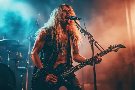 Rock artist plays electric guitar and sings passionately in front of a lively crowd at night.の写真素材