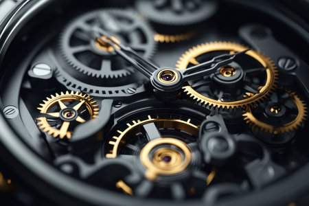 Focusing on the detailed gears and movements of a gold and black watch mechanism.の写真素材