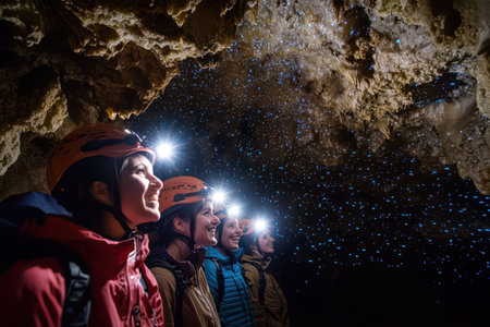 Four friends enjoy a captivating cave experience, marveling at the sparkling lights above as they explore.の写真素材