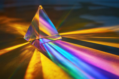 A crystal prism sits on a surface while light refracts, casting vibrant rainbow patterns around the area.の写真素材