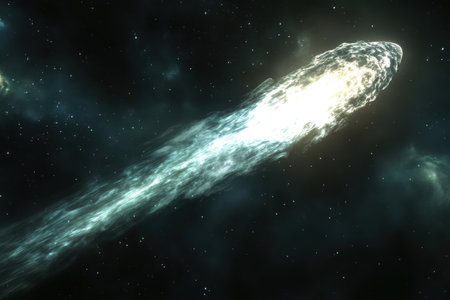 A bright comet races across the dark expanse of space, leaving a glowing trail behind it.の写真素材