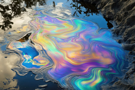 A mesmerizing oil slick creates swirling colors over tranquil water, reflecting a beautiful evening sky.の写真素材