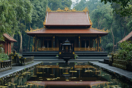 A graceful temple by calm water, encircled by lush trees, creates a serene atmosphere.の写真素材
